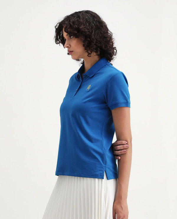 Rareism Women Lugano Blue Cotton Poly Fabric Short Sleeve Polo Collar Button Closure Plain Polo