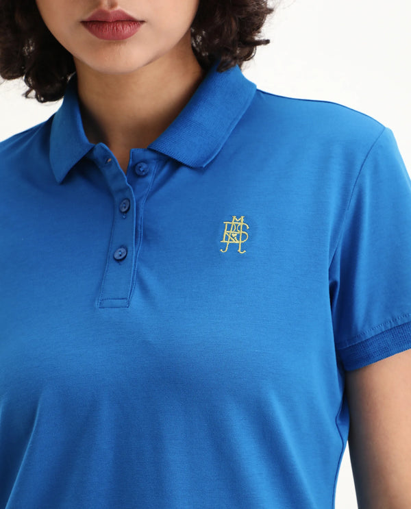 Rareism Women Lugano Blue Cotton Poly Fabric Short Sleeve Polo Collar Button Closure Plain Polo