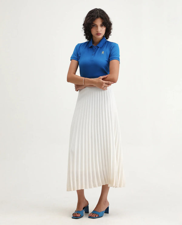 Rareism Women Lugano Blue Cotton Poly Fabric Short Sleeve Polo Collar Button Closure Plain Polo