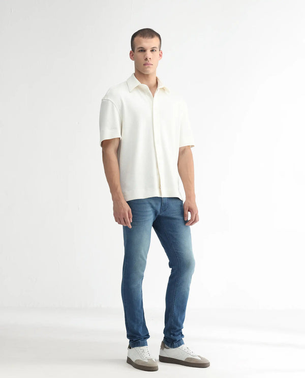 Rare Rabbit Men's Luxen Blue Mid Wash Mid-Rise Distressed Slim Fit Jeans
