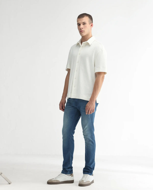Rare Rabbit Men's Luxen Blue Mid Wash Mid-Rise Distressed Slim Fit Jeans