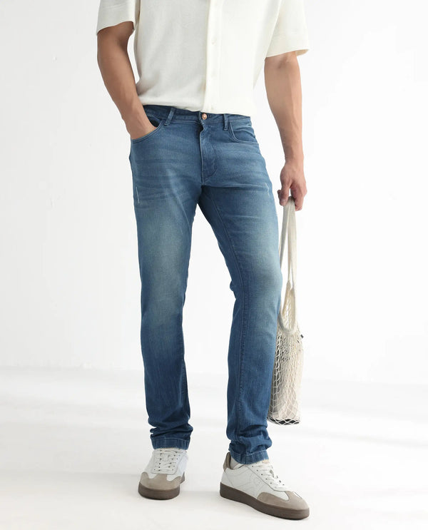 Rare Rabbit Men's Luxen Blue Mid Wash Mid-Rise Distressed Slim Fit Jeans