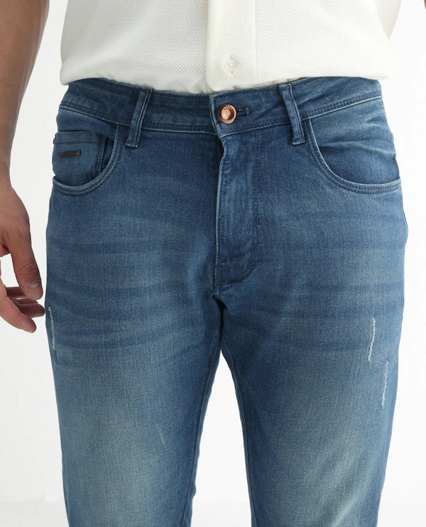 Rare Rabbit Men's Luxen Blue Mid Wash Mid-Rise Distressed Slim Fit Jeans