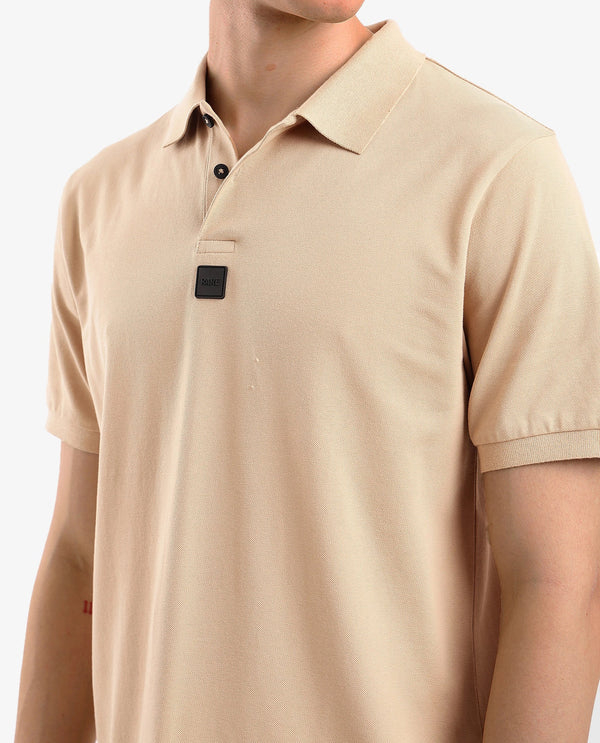 Rare Rabbit Men Mabe Beige Short Sleeve Regular Collar Silicone Badge Branding Flat Knit Plain Polo