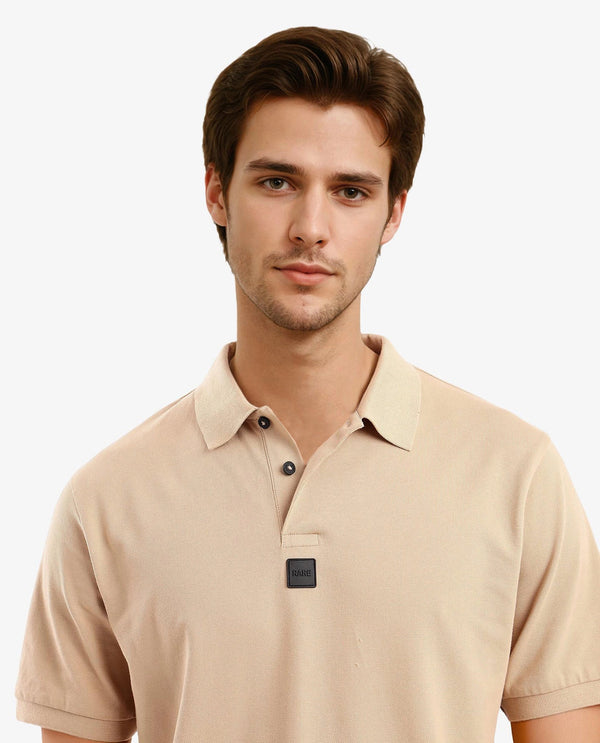 Rare Rabbit Men Mabe Beige Short Sleeve Regular Collar Silicone Badge Branding Flat Knit Plain Polo