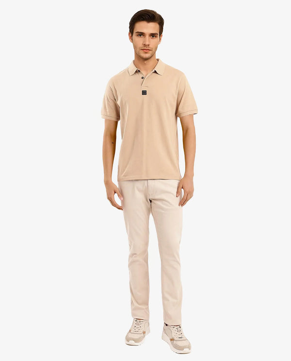 Rare Rabbit Men Mabe Beige Short Sleeve Regular Collar Silicone Badge Branding Flat Knit Plain Polo