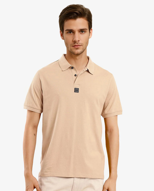 Rare Rabbit Men Mabe Beige Short Sleeve Regular Collar Silicone Badge Branding Flat Knit Plain Polo