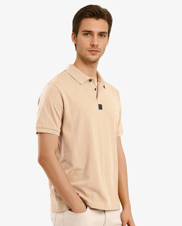 Rare Rabbit Men Mabe Beige Short Sleeve Regular Collar Silicone Badge Branding Flat Knit Plain Polo