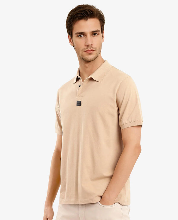 Rare Rabbit Men Mabe Beige Short Sleeve Regular Collar Silicone Badge Branding Flat Knit Plain Polo