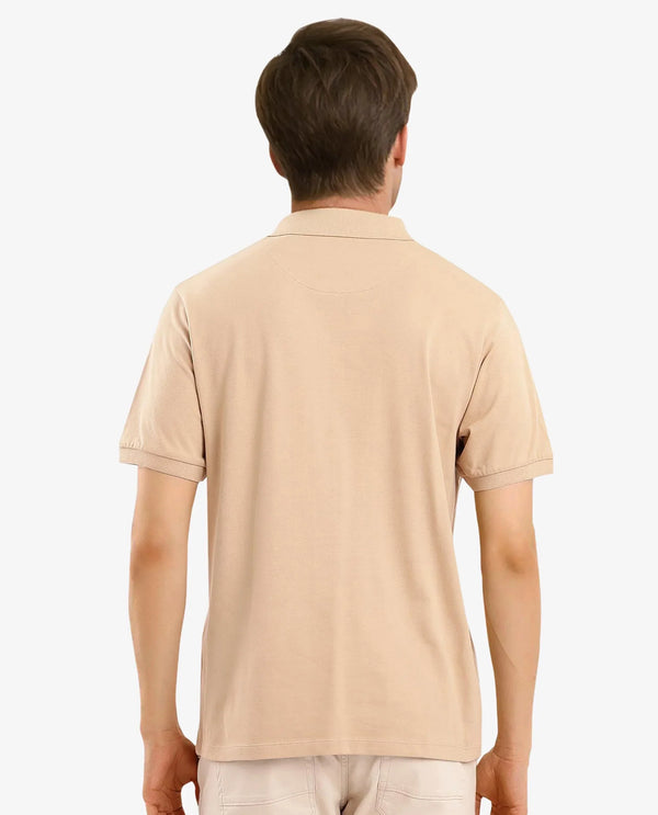 Rare Rabbit Men Mabe Beige Short Sleeve Regular Collar Silicone Badge Branding Flat Knit Plain Polo