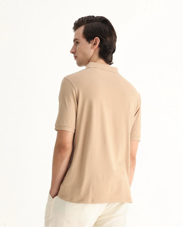 Rare Rabbit Men Mabe Beige Short Sleeve Regular Collar Silicone Badge Branding Flat Knit Plain Polo
