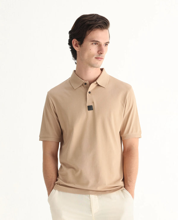 Rare Rabbit Men Mabe Beige Short Sleeve Regular Collar Silicone Badge Branding Flat Knit Plain Polo