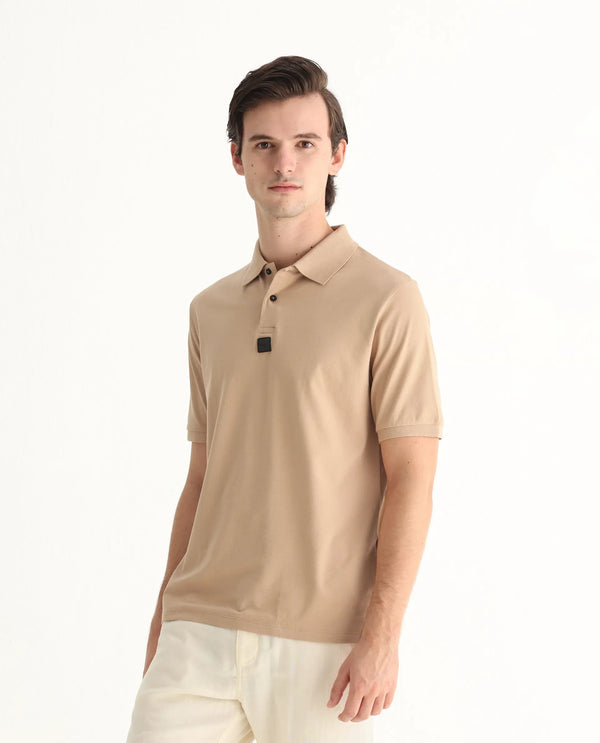 Rare Rabbit Men Mabe Beige Short Sleeve Regular Collar Silicone Badge Branding Flat Knit Plain Polo