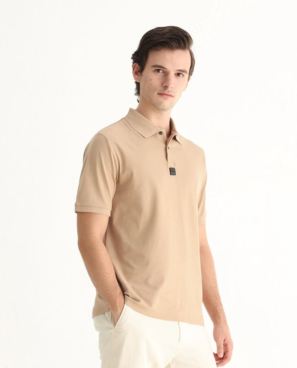 Rare Rabbit Men Mabe Beige Short Sleeve Regular Collar Silicone Badge Branding Flat Knit Plain Polo