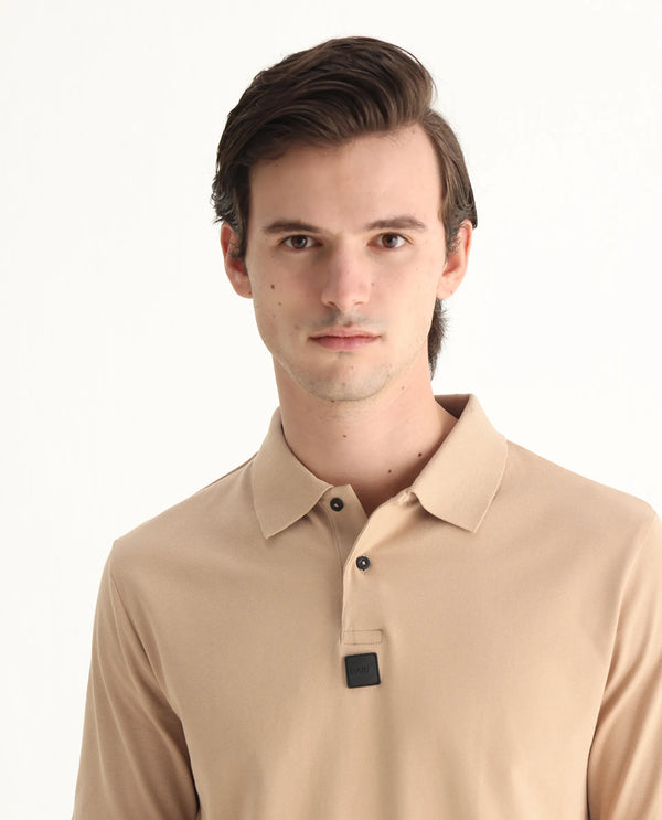 Rare Rabbit Men Mabe Beige Short Sleeve Regular Collar Silicone Badge Branding Flat Knit Plain Polo