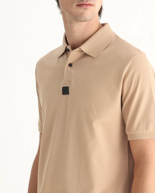 Rare Rabbit Men Mabe Beige Short Sleeve Regular Collar Silicone Badge Branding Flat Knit Plain Polo