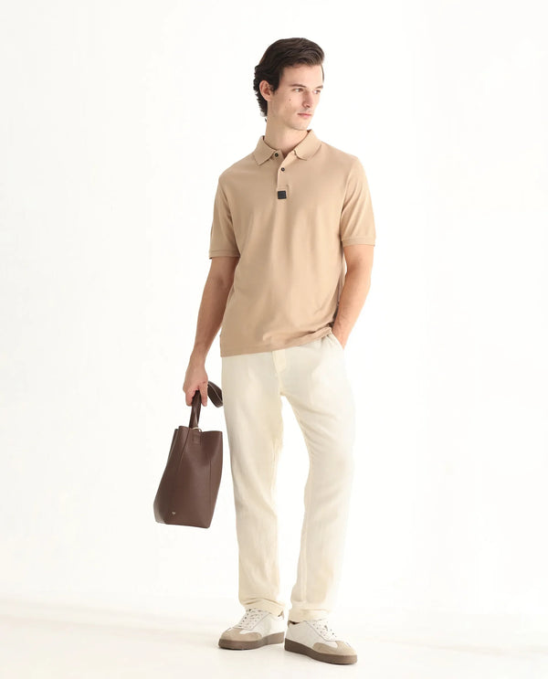 Rare Rabbit Men Mabe Beige Short Sleeve Regular Collar Silicone Badge Branding Flat Knit Plain Polo
