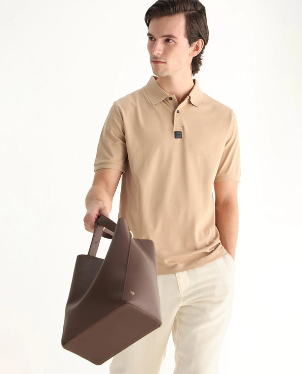Rare Rabbit Men Mabe Beige Short Sleeve Regular Collar Silicone Badge Branding Flat Knit Plain Polo