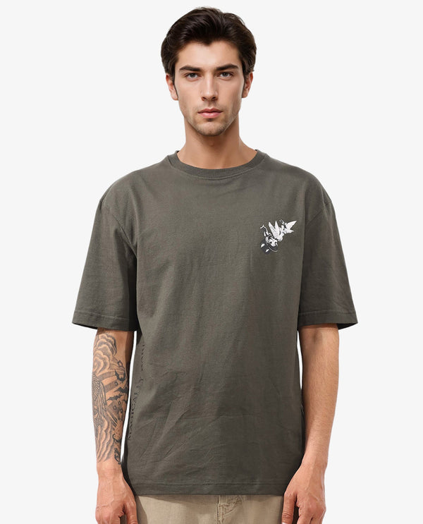 Rare Rabbit Articale Men's Magiq Olive Cotton Polyester Fabric Crew Neck Oversized Fit Graphic Abstract Print T-Shirt