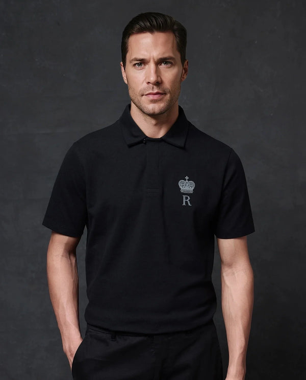 Rare Rabbit Men Mais Black Cotton Lycra Fabric Short Sleeve Button Closure Plain Knitted Polo T-Shirt