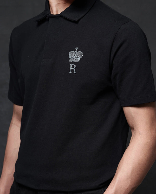 Rare Rabbit Men Mais Black Cotton Lycra Fabric Short Sleeve Button Closure Plain Knitted Polo T-Shirt