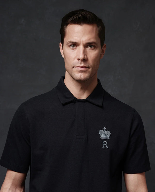 Rare Rabbit Men Mais Black Cotton Lycra Fabric Short Sleeve Button Closure Plain Knitted Polo T-Shirt