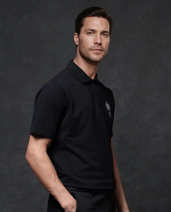 Rare Rabbit Men Mais Black Cotton Lycra Fabric Short Sleeve Button Closure Plain Knitted Polo T-Shirt