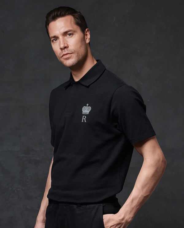 Rare Rabbit Men Mais Black Cotton Lycra Fabric Short Sleeve Button Closure Plain Knitted Polo T-Shirt