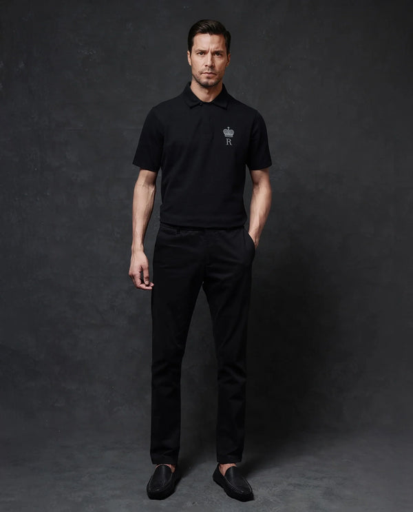 Rare Rabbit Men Mais Black Cotton Lycra Fabric Short Sleeve Button Closure Plain Knitted Polo T-Shirt