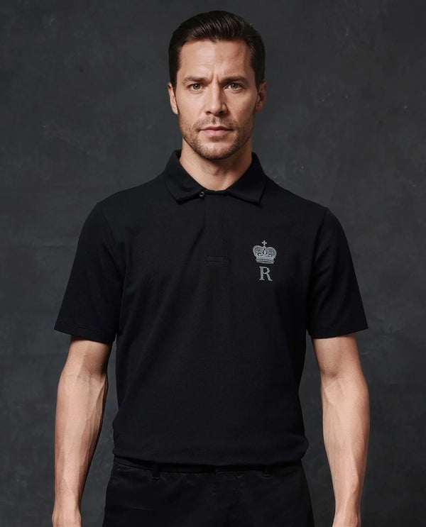 Rare Rabbit Men Mais Black Cotton Lycra Fabric Short Sleeve Button Closure Plain Knitted Polo T-Shirt