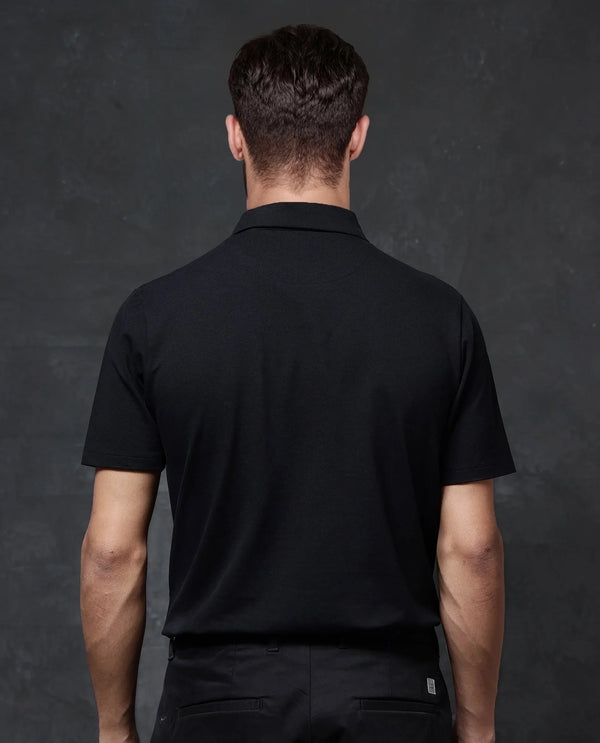 Rare Rabbit Men Mais Black Cotton Lycra Fabric Short Sleeve Button Closure Plain Knitted Polo T-Shirt