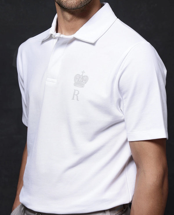 Rare Rabbit Men Mais White Cotton Lycra Fabric Short Sleeve Button Closure Plain Knitted Polo T-Shirt