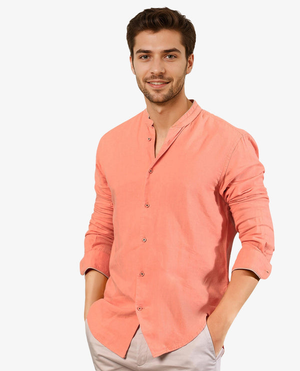 Rare Rabbit Men's Manderin Orange Modal Linen Fabric Mandarin Collar Full Sleeves Solid Shirt
