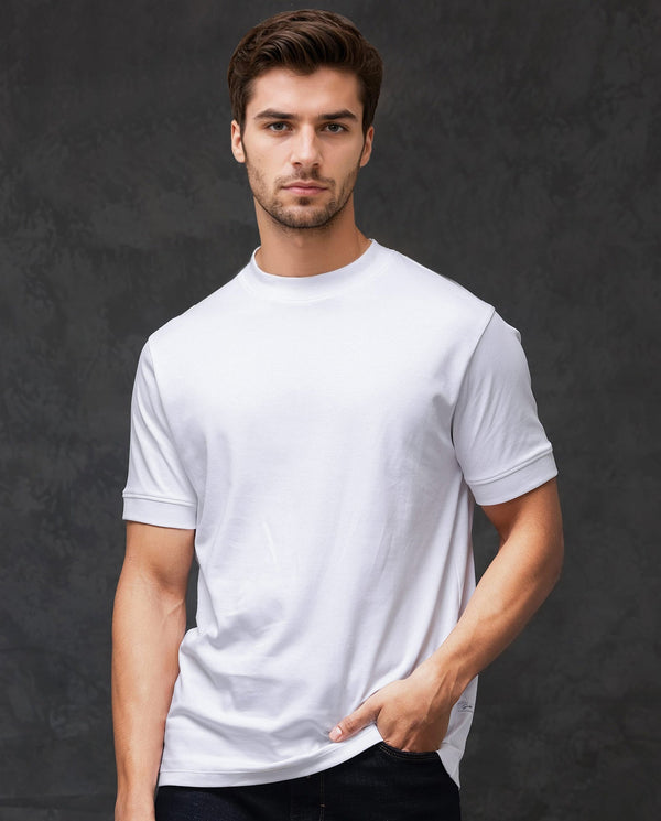Rare Rabbit Men's Mano White Cotton Fabric Half Sleeves Solid T-Shirt