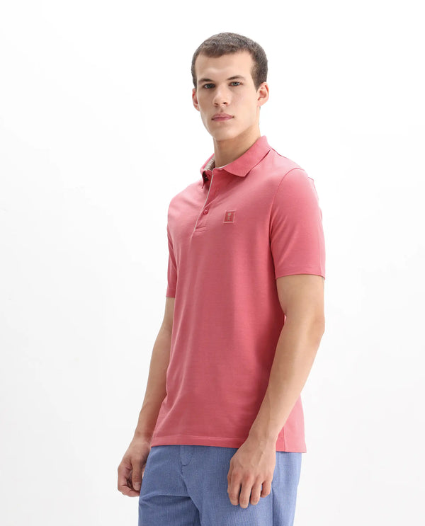 Rare Rabbit Men's Maq Pink Cotton Polyester Lycra Fabric Short Sleeve Contrasting Placket Piping Regular Fit Plain Polo T-Shirt
