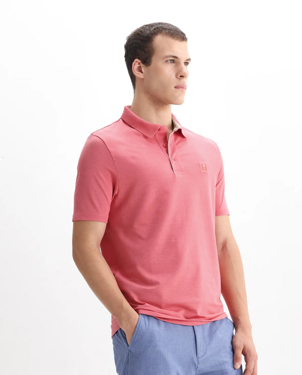 Rare Rabbit Men's Maq Pink Cotton Polyester Lycra Fabric Short Sleeve Contrasting Placket Piping Regular Fit Plain Polo T-Shirt