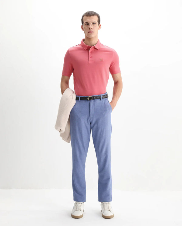 Rare Rabbit Men's Maq Pink Cotton Polyester Lycra Fabric Short Sleeve Contrasting Placket Piping Regular Fit Plain Polo T-Shirt