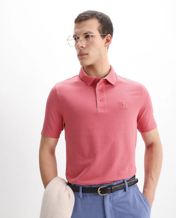 Rare Rabbit Men's Maq Pink Cotton Polyester Lycra Fabric Short Sleeve Contrasting Placket Piping Regular Fit Plain Polo T-Shirt