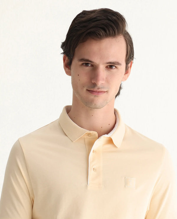 Rare Rabbit Men's Maq Pastel Yellow Cotton Polyester Lycra Fabric Short Sleeve Contrasting Placket Piping Regular Fit Plain Polo T-Shirt