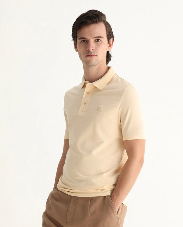 Rare Rabbit Men's Maq Pastel Yellow Cotton Polyester Lycra Fabric Short Sleeve Contrasting Placket Piping Regular Fit Plain Polo T-Shirt