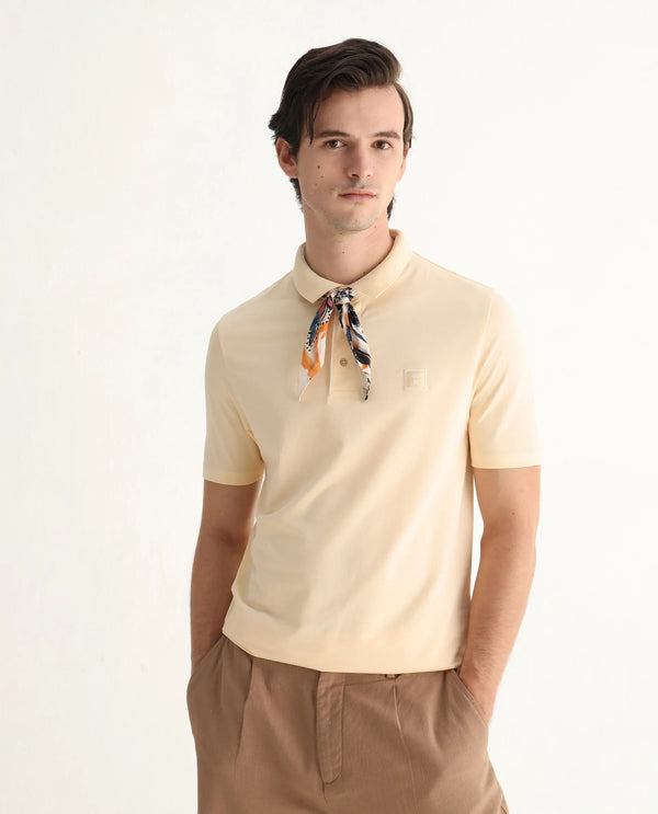 Rare Rabbit Men Mabe Beige Short Sleeve Regular Collar Silicone Badge Branding Flat Knit Plain Polo
