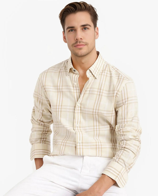 Rare Rabbit Men Maret Beige Cotton Fabric Full Sleeve Regular Fit Checks Shirt