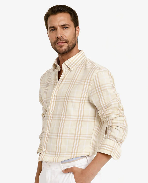 Rare Rabbit Men Maret Beige Cotton Fabric Full Sleeve Regular Fit Checks Shirt