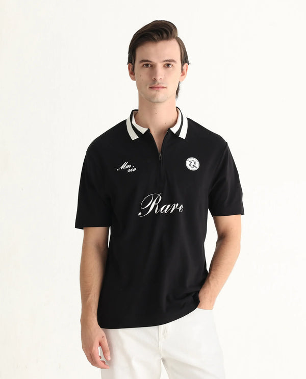 Rare Rabbit Men Mateo Black Cotton Lycra Fabric Short Sleeve Collared Neck Button Closure Embroidered Polo
