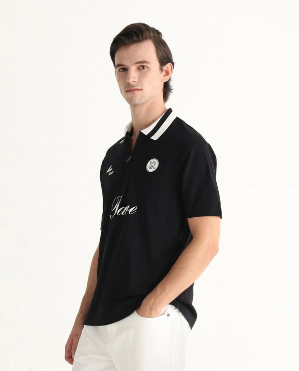 Rare Rabbit Men Mateo Black Cotton Lycra Fabric Short Sleeve Collared Neck Button Closure Embroidered Polo