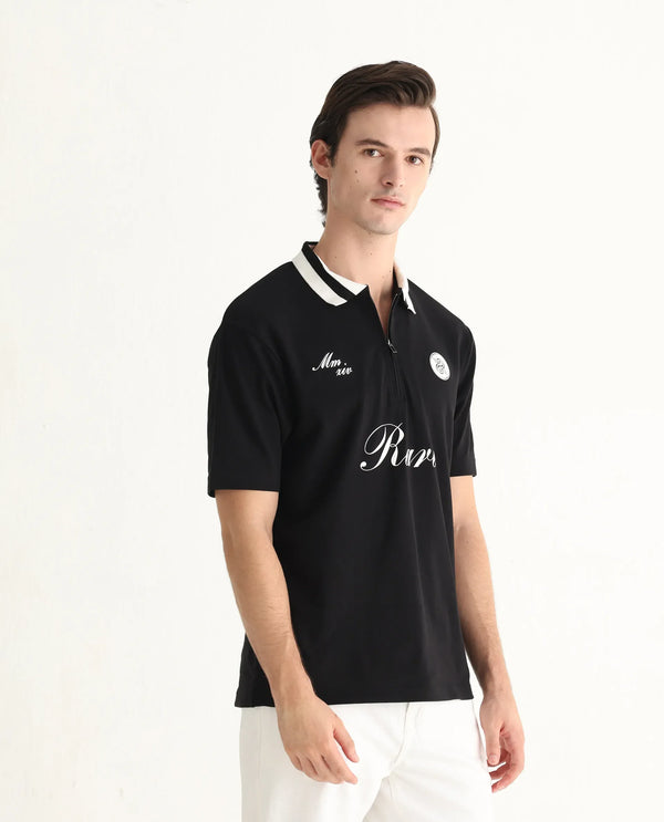 Rare Rabbit Men Mateo Black Cotton Lycra Fabric Short Sleeve Collared Neck Button Closure Embroidered Polo