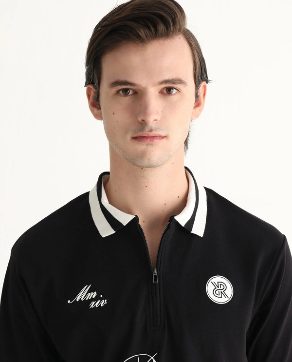 Rare Rabbit Men Mateo Black Cotton Lycra Fabric Short Sleeve Collared Neck Button Closure Embroidered Polo