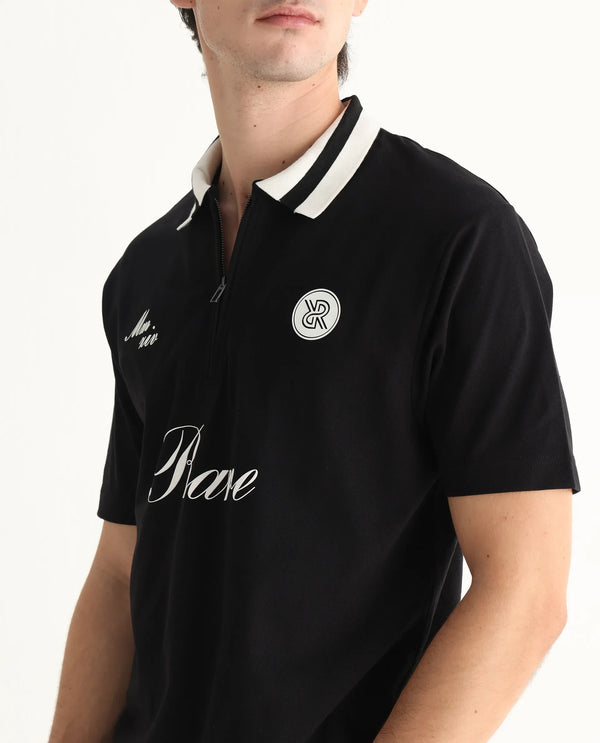 Rare Rabbit Men Mateo Black Cotton Lycra Fabric Short Sleeve Collared Neck Button Closure Embroidered Polo
