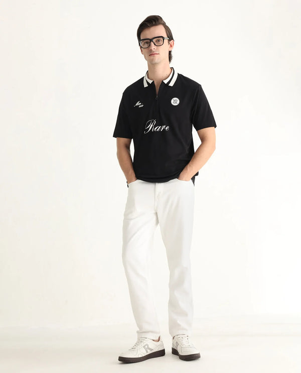 Rare Rabbit Men Mateo Black Cotton Lycra Fabric Short Sleeve Collared Neck Button Closure Embroidered Polo