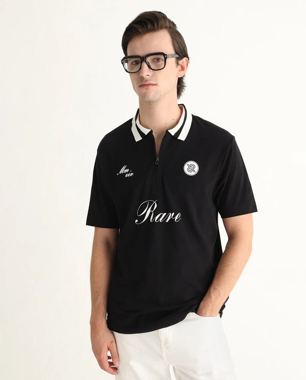 Rare Rabbit Men Mateo Black Cotton Lycra Fabric Short Sleeve Collared Neck Button Closure Embroidered Polo